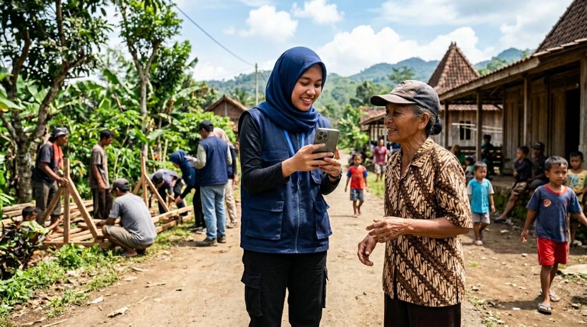 A volunteer in a field vest showing a phone to a villager on a village track, with a build project going on behind them